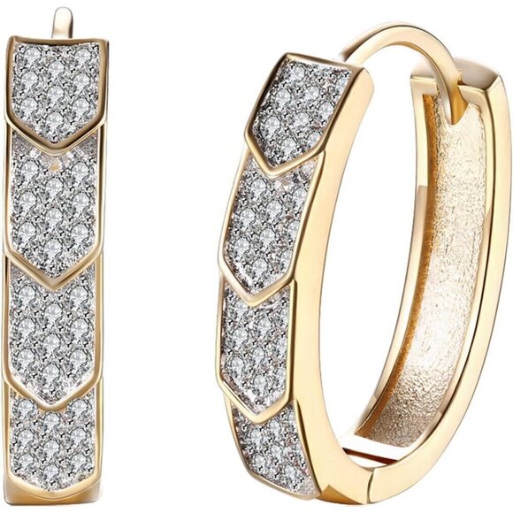 14K Gold Plated Cubic Zirconia Hoop Double Row of Diamonds Huggie Earrings - Picture 1 of 6
